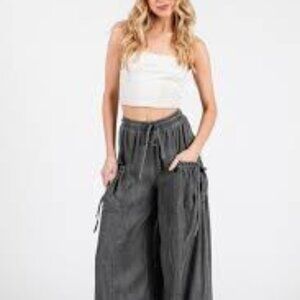 NWT: Easel Mineral Washed Terry Knit Wide Leg Pants with Tie Pockets